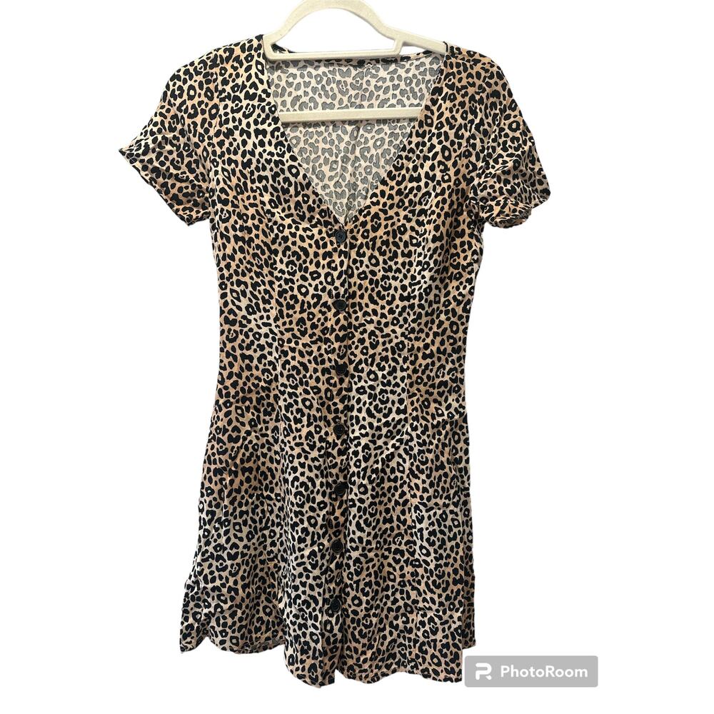 Leopard/Cheetah Printed Cap Sleeve Dress with V-Neck and Button Closure